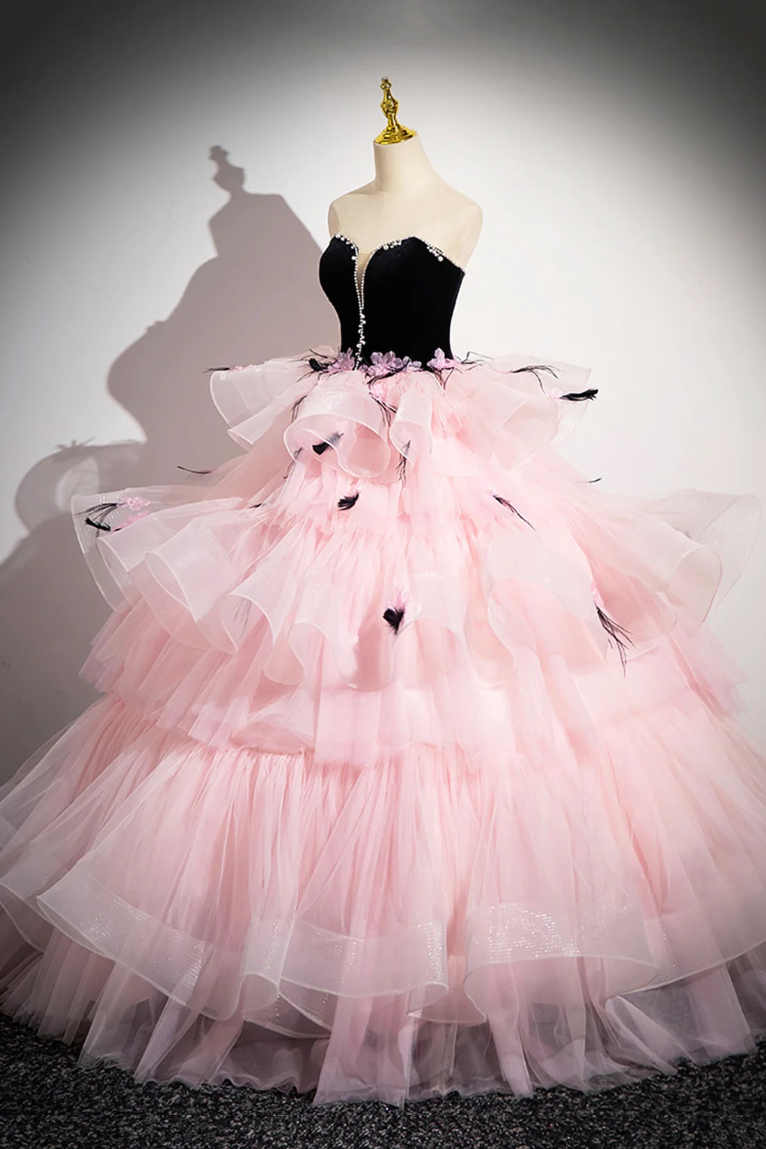 Black Velvet and Pink Tulle Long Prom Gown, Beautiful A-Line Formal Party Gown