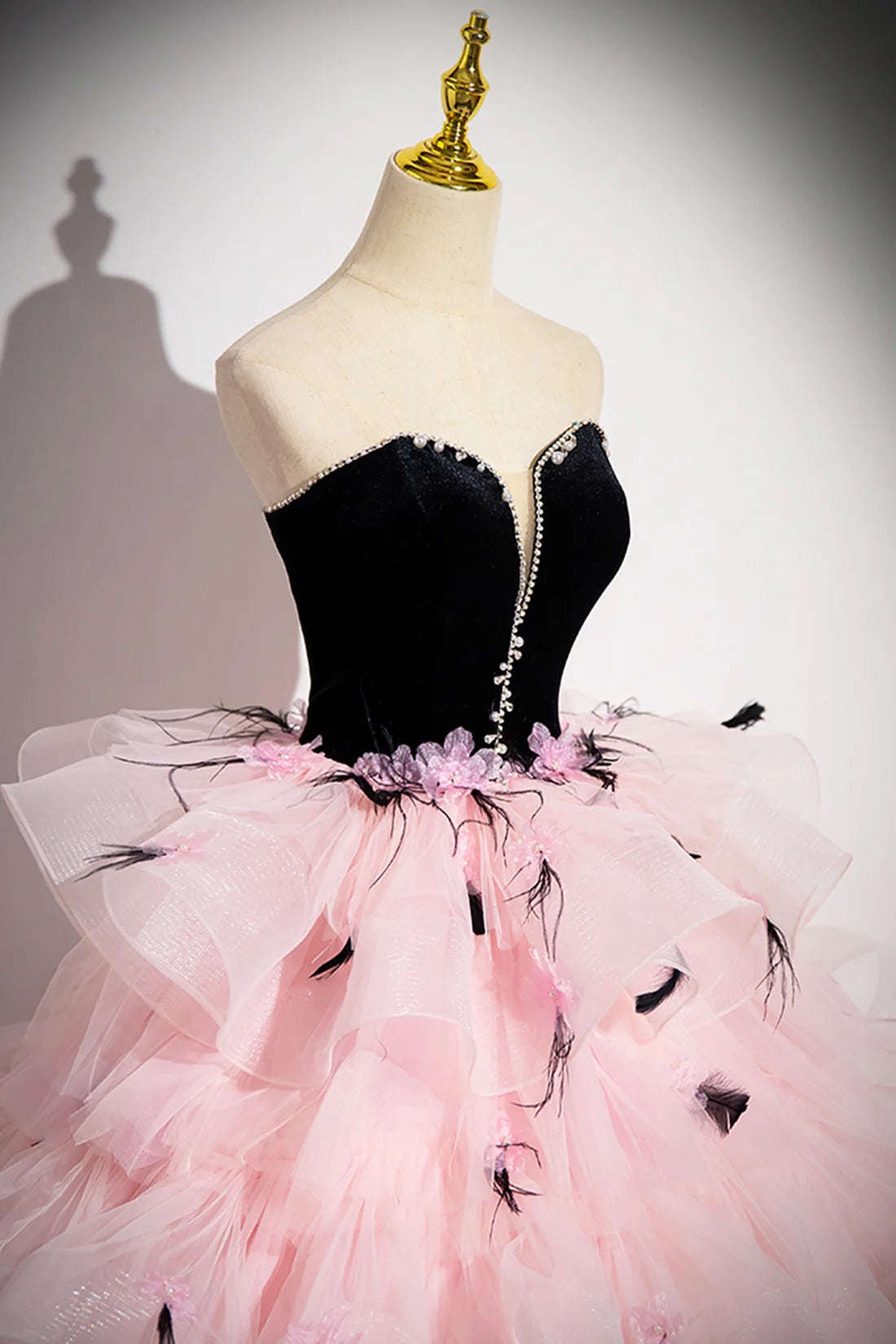 Black Velvet and Pink Tulle Long Prom Gown, Beautiful A-Line Formal Party Gown