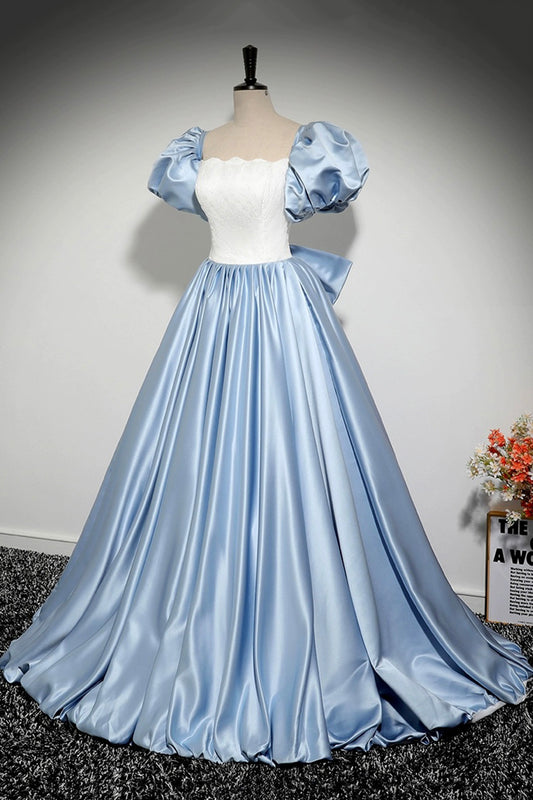 Blue and White Satin Floor Length Prom Dress, A-Line Short Sleeve Evening Party Dress