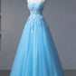 Blue Spaghetti Strap Tulle Floor Length Prom Dress, A-Line Evening Party Dress