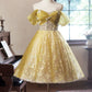 A-Line Floral Tulle Short Prom Dress, Yellow Off the Shoulder Evening Party Dress