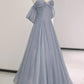 Gray Blue Tulle Floor Length Prom Dress, A-Line Spaghetti Strap Formal Party Dress