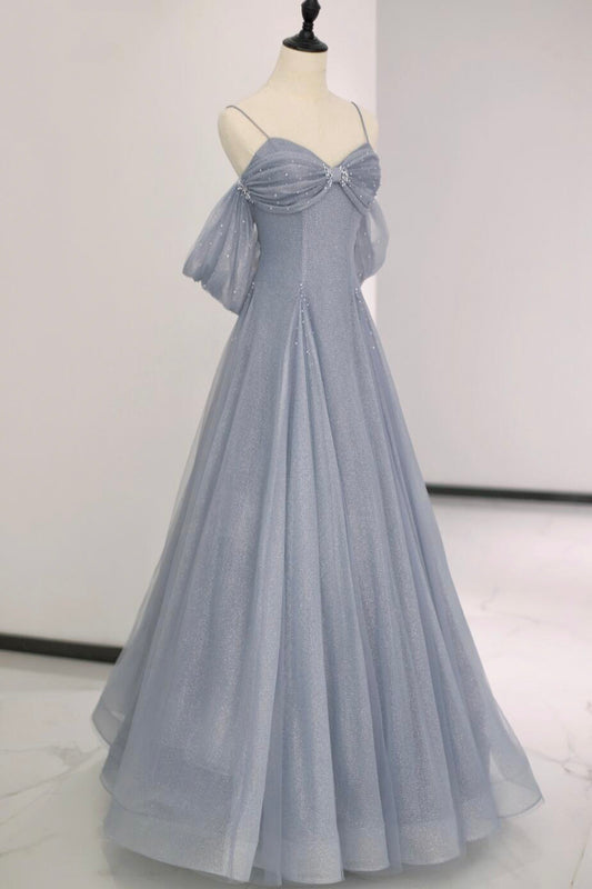 Gray Blue Tulle Floor Length Prom Dress, A-Line Spaghetti Strap Formal Party Dress