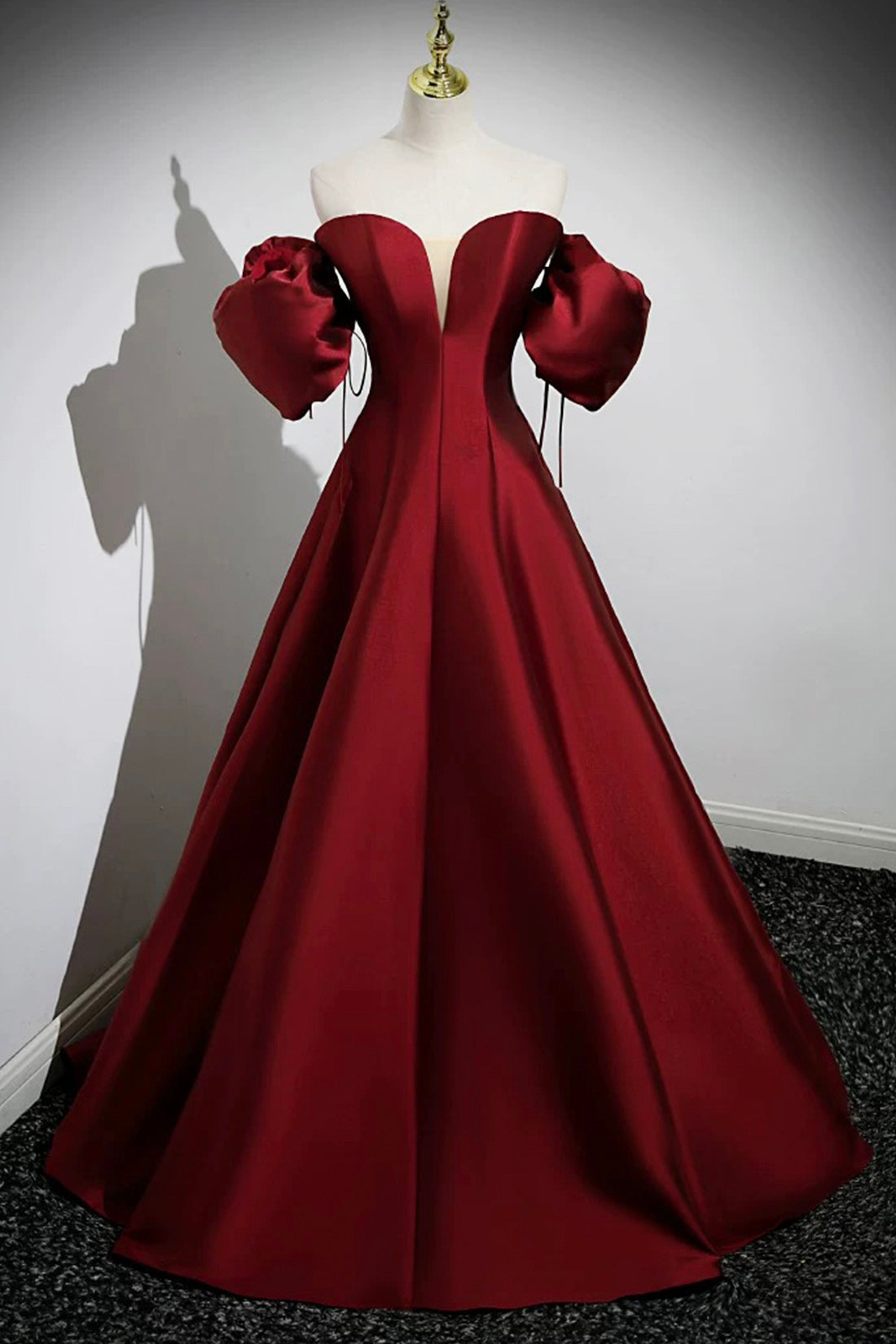 Burgundy Satin Floor Length Prom Dress, A-Line Strapless Evening Party Dress