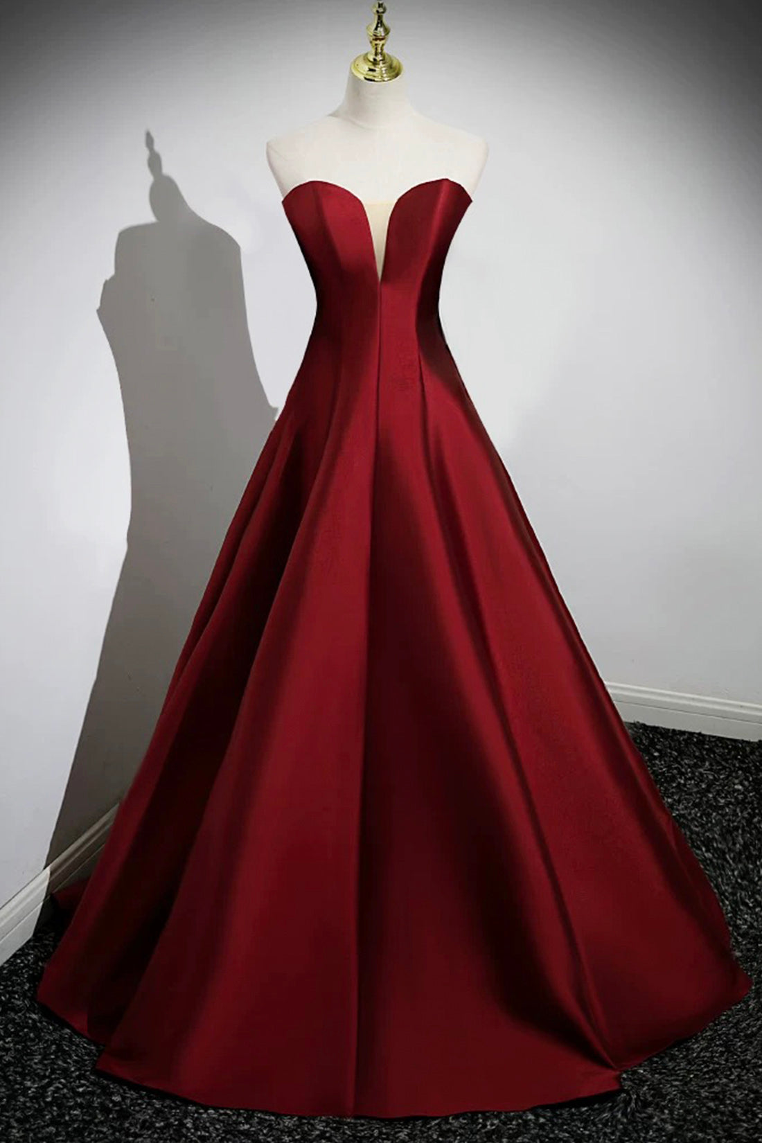 Burgundy Satin Floor Length Prom Dress, A-Line Strapless Evening Party Dress