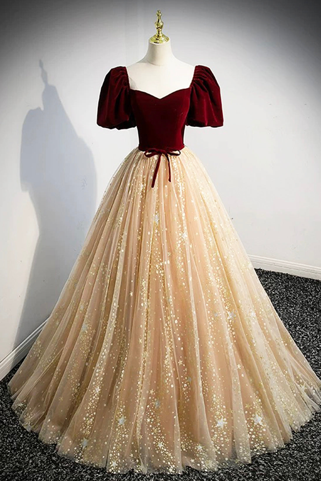 Burgundy Velvet and Champagne Tulle Long Prom Dress, A-Line Evening Party Dress