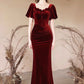 Burgundy Velvet Long Prom Dress, Mermaid Short Sleeve Evening Party Dress