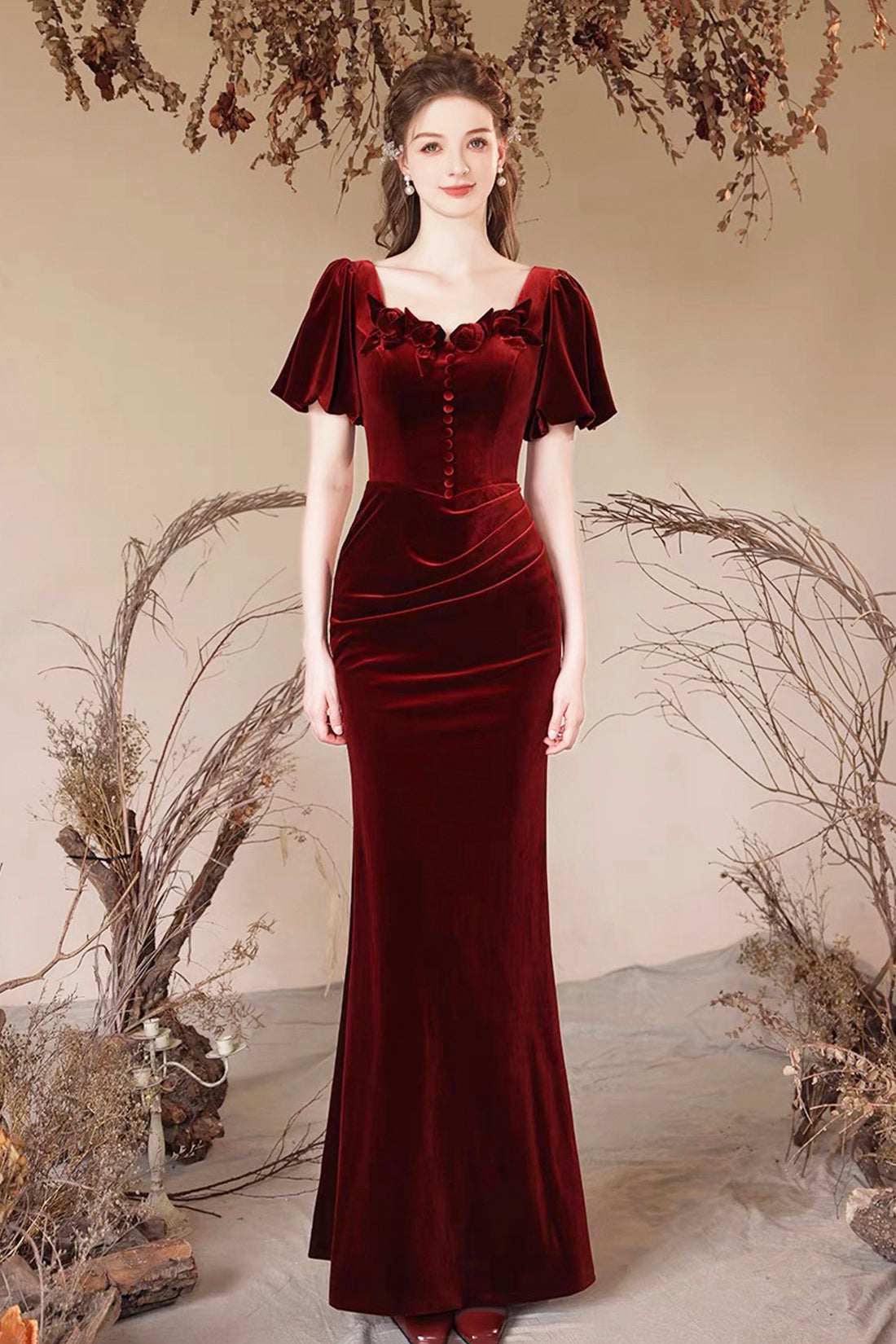 Burgundy Velvet Long Prom Dress, Mermaid Short Sleeve Evening Party Dress