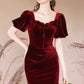 Burgundy Velvet Long Prom Dress, Mermaid Short Sleeve Evening Party Dress