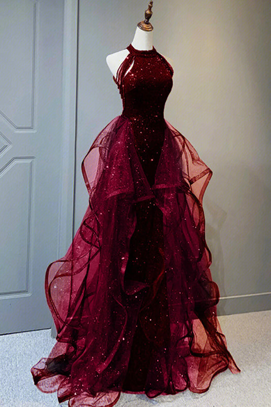 Burgundy Halter Tulle Sequins Floor Length Prom Party Dress