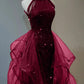 Burgundy Halter Tulle Sequins Floor Length Prom Party Dress