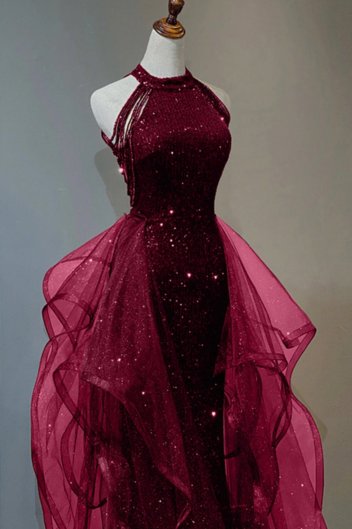 Burgundy Halter Tulle Sequins Floor Length Prom Party Dress