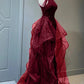 Burgundy Halter Tulle Sequins Floor Length Prom Party Dress