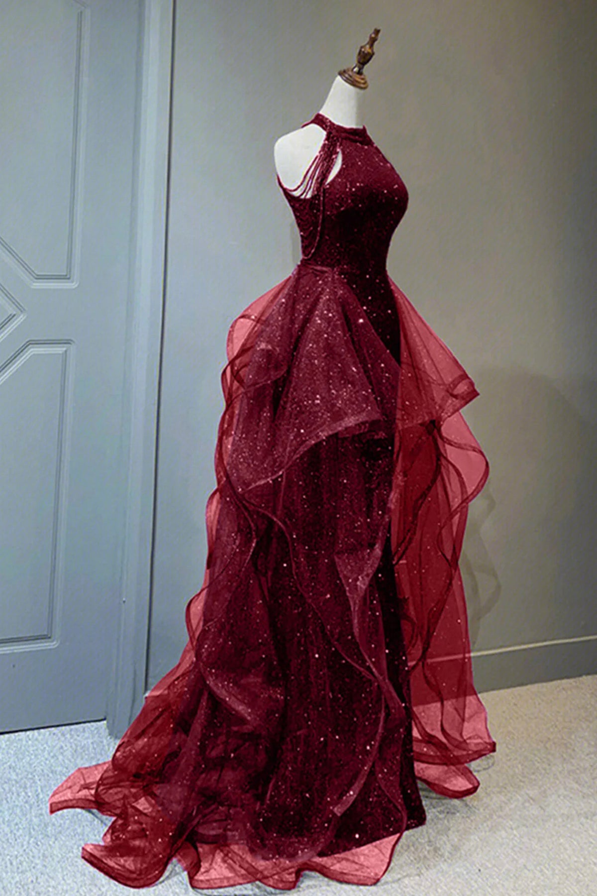 Burgundy Halter Tulle Sequins Floor Length Prom Party Dress