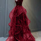 Burgundy Halter Tulle Sequins Floor Length Prom Party Dress