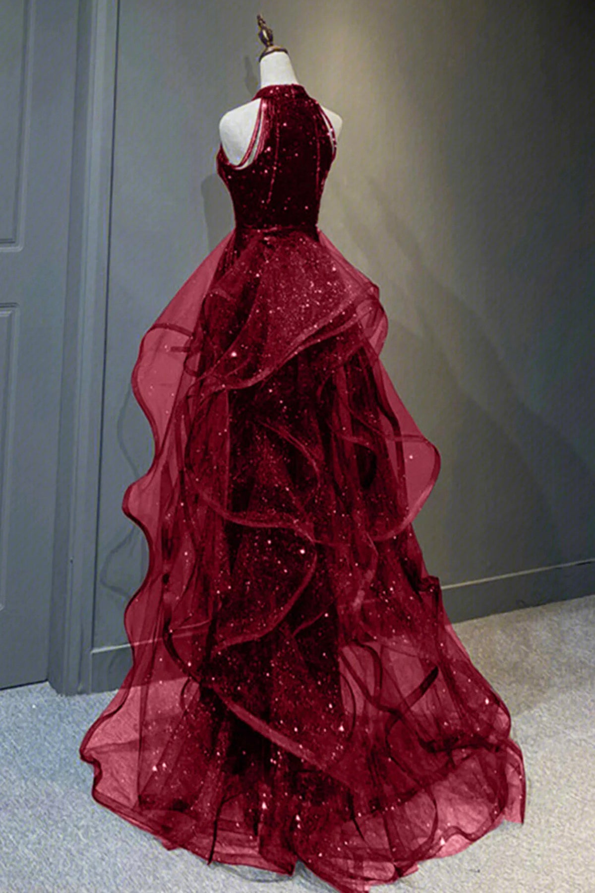 Burgundy Halter Tulle Sequins Floor Length Prom Party Dress