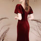 Burgundy Velvet Long Prom Dress, Mermaid Short Sleeve Evening Party Dress