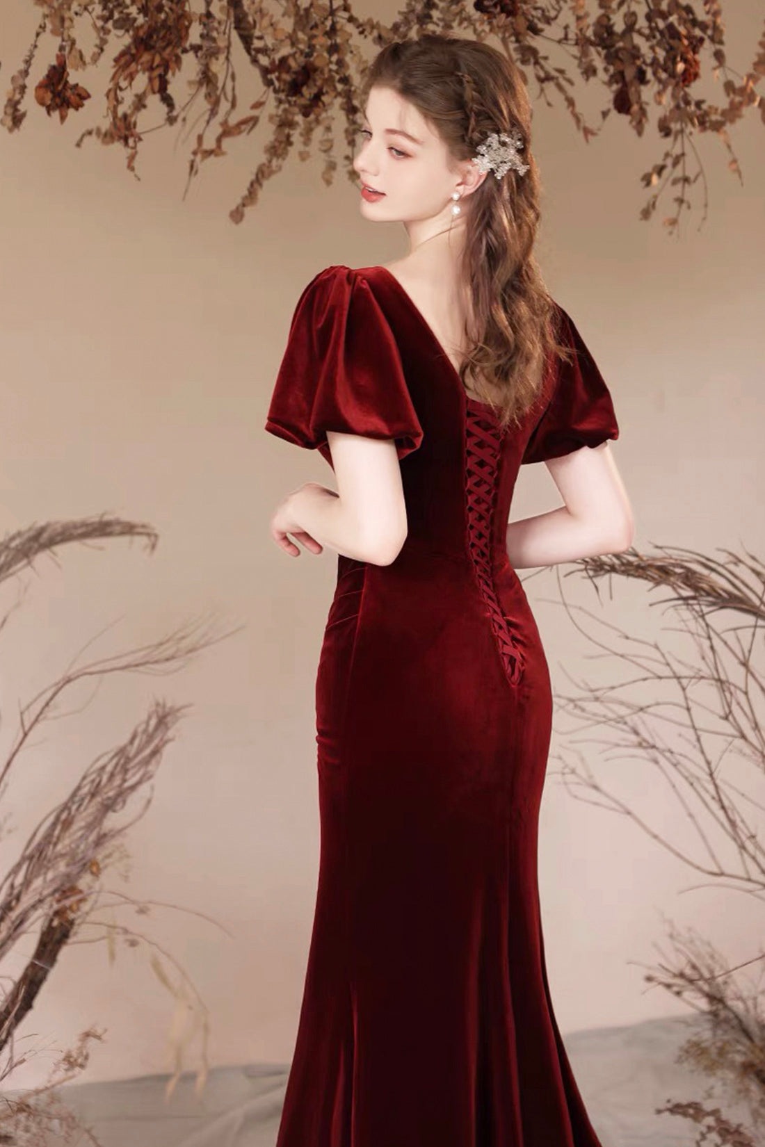 Burgundy Velvet Long Prom Dress, Mermaid Short Sleeve Evening Party Dress