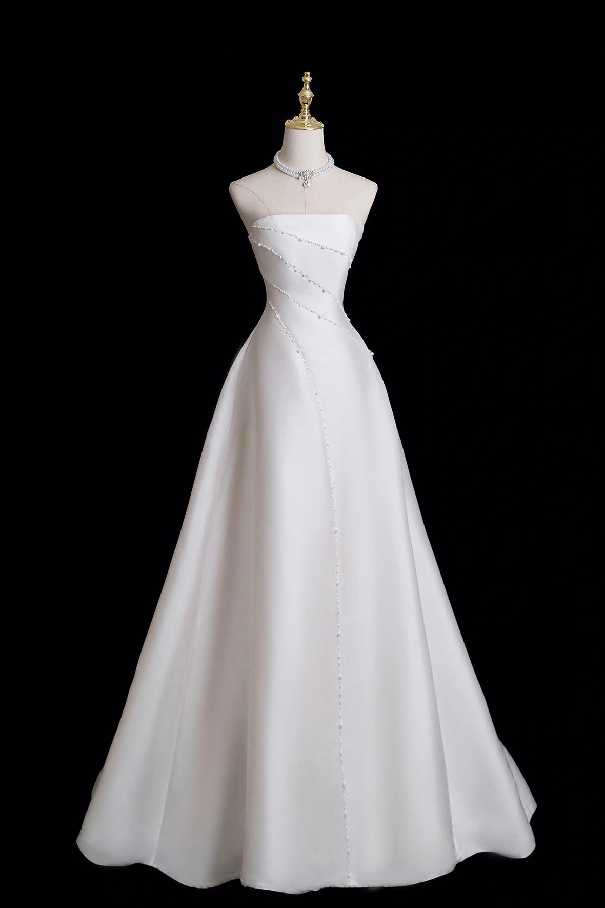 White Satin Long Prom Dress with Pearl, Elegant A-Line Strapless Evening Party Dress