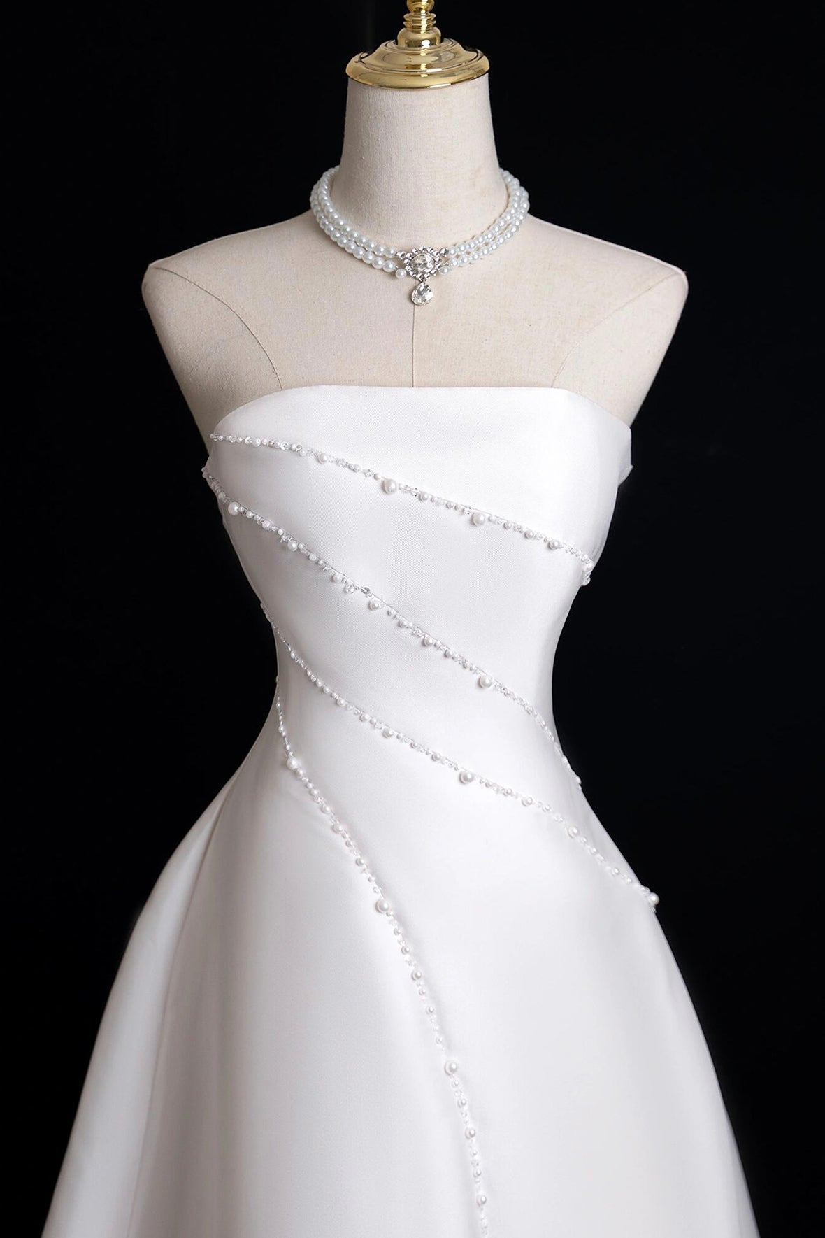 White Satin Long Prom Dress with Pearl, Elegant A-Line Strapless Evening Party Dress