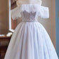 White Tulle Knee Length Party Dress, A-Line Off the Shoulder Evening Party Dress