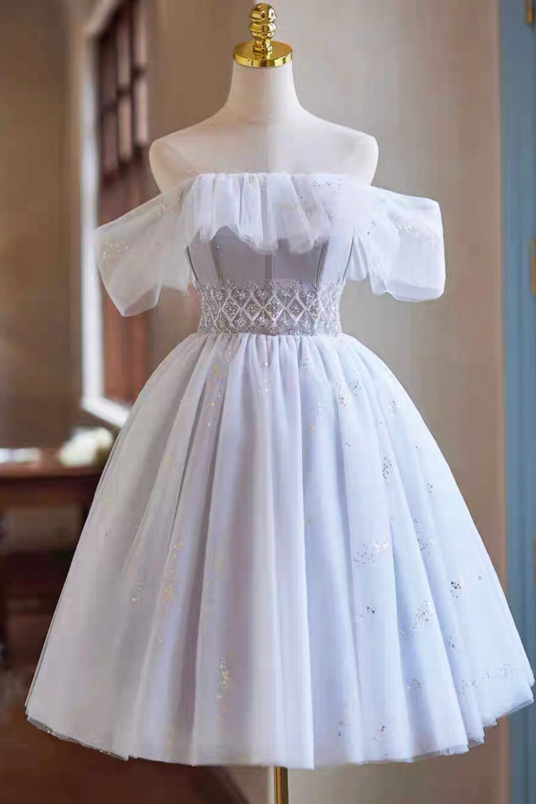 White Tulle Knee Length Party Dress, A-Line Off the Shoulder Evening P –  girlideas