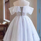 White Tulle Knee Length Party Dress, A-Line Off the Shoulder Evening Party Dress