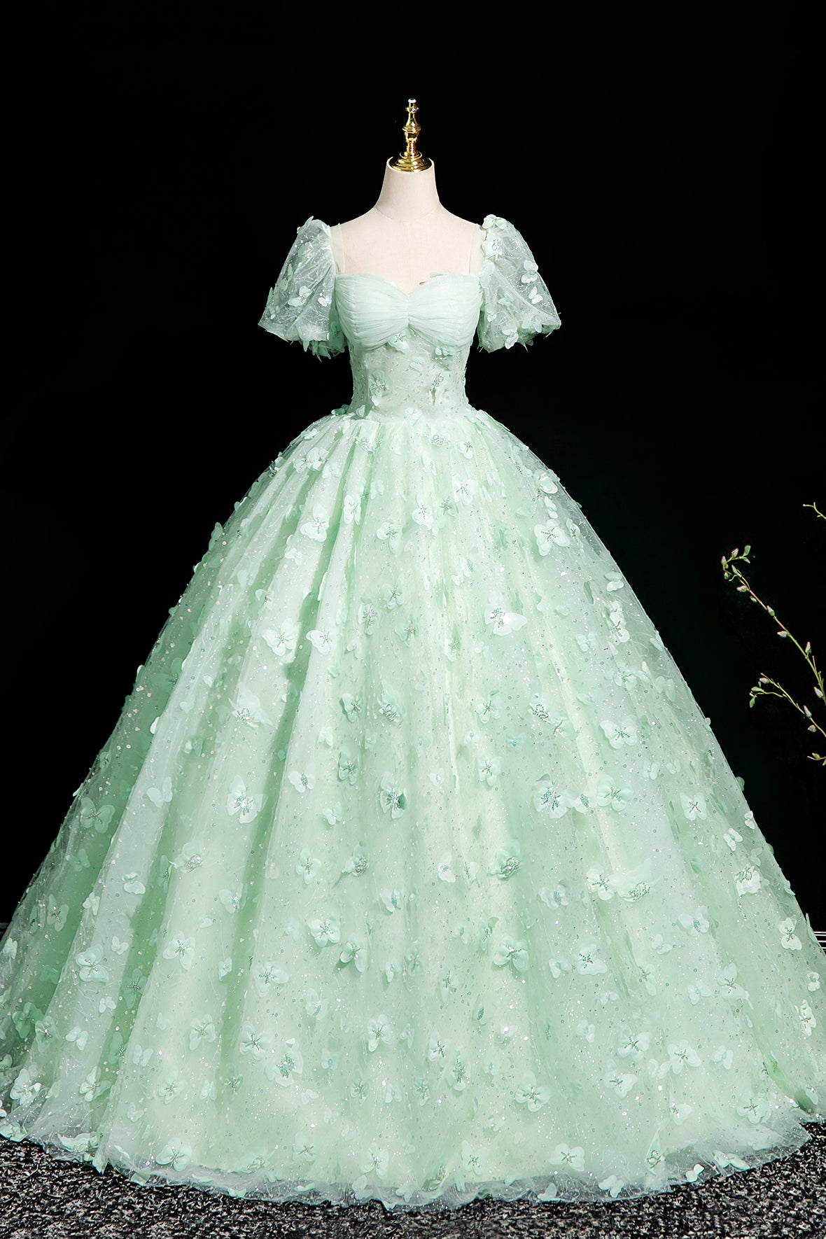 Green Tulle Butterfly Long Prom Dress, Lovely A-Line Short Sleeve Even ...