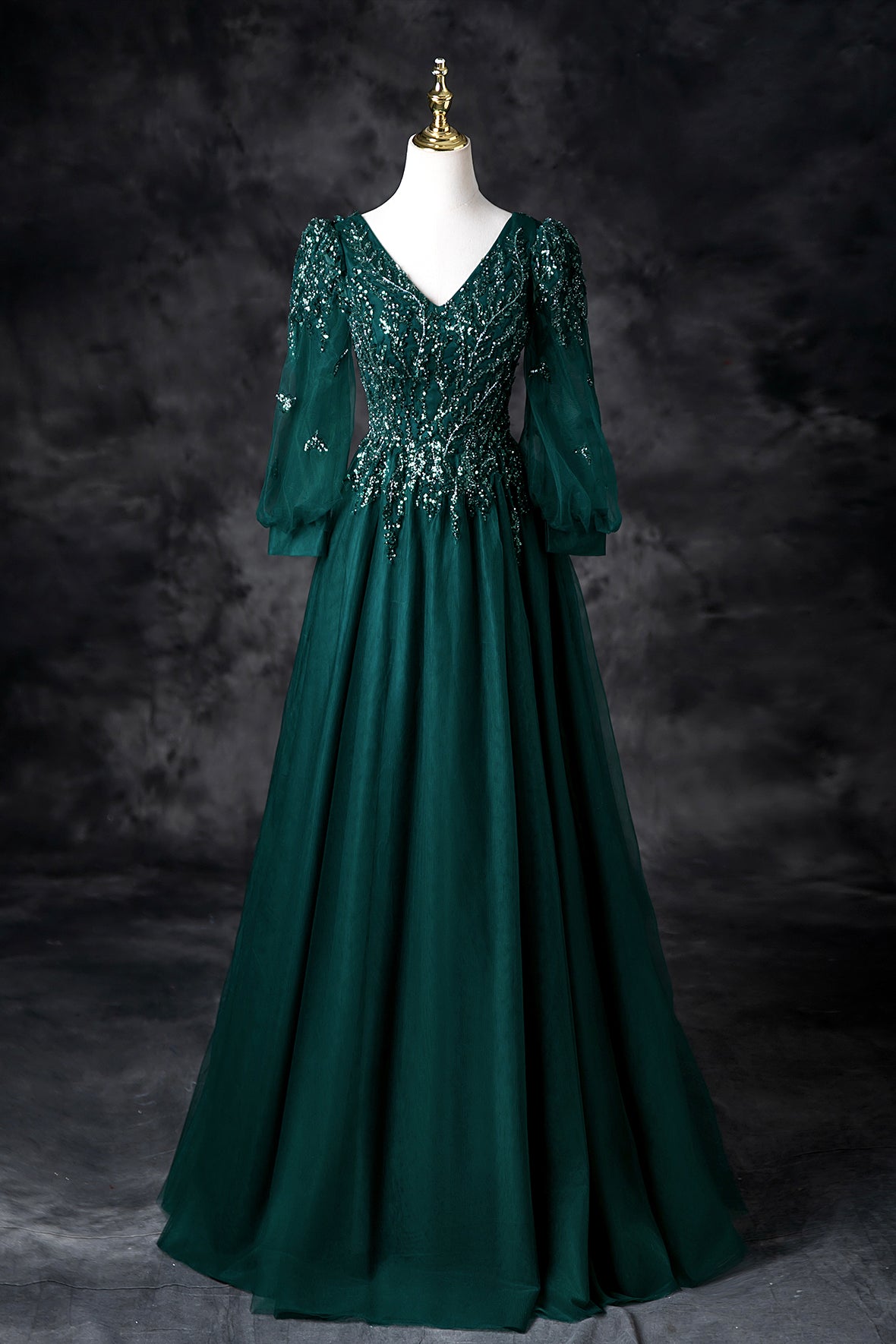 Green Tulle Sequins A-Line Prom Dress, Elegant V-Neck Evening Party Dress