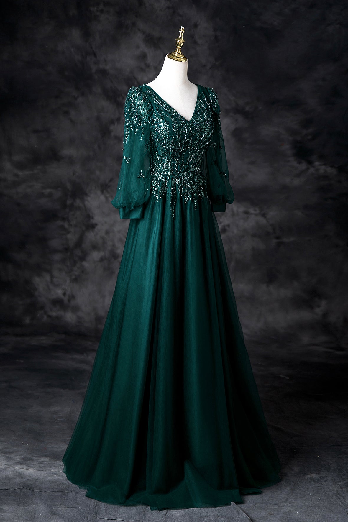 Green Tulle Sequins A-Line Prom Dress, Elegant V-Neck Evening Party Dress