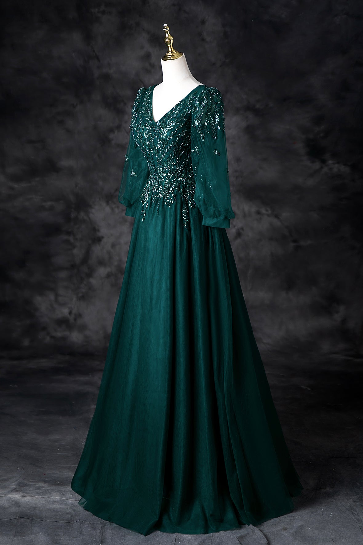 Green Tulle Sequins A-Line Prom Dress, Elegant V-Neck Evening Party Dress