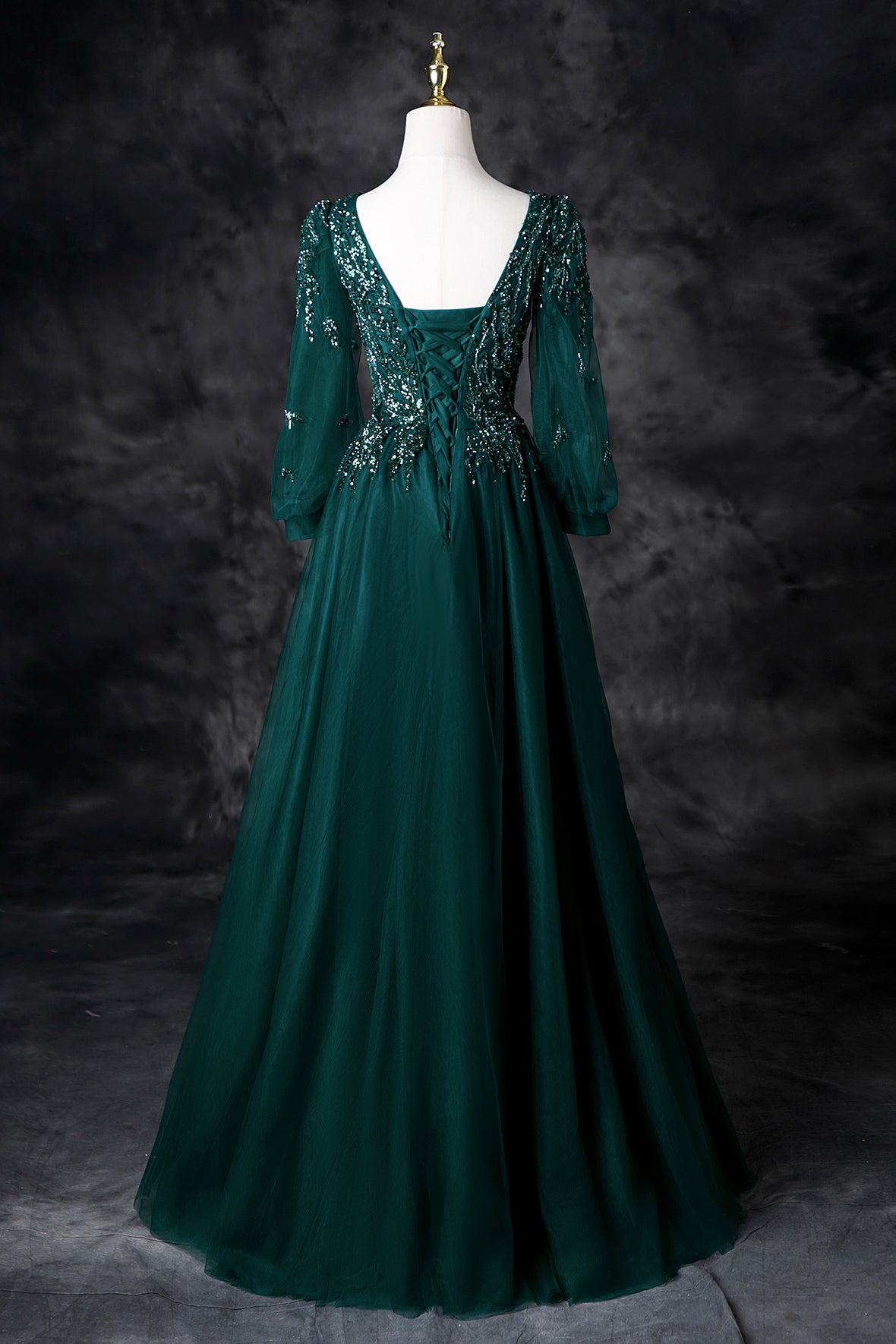 Green Tulle Sequins A-Line Prom Dress, Elegant V-Neck Evening Party Dress