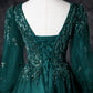 Green Tulle Sequins A-Line Prom Dress, Elegant V-Neck Evening Party Dress