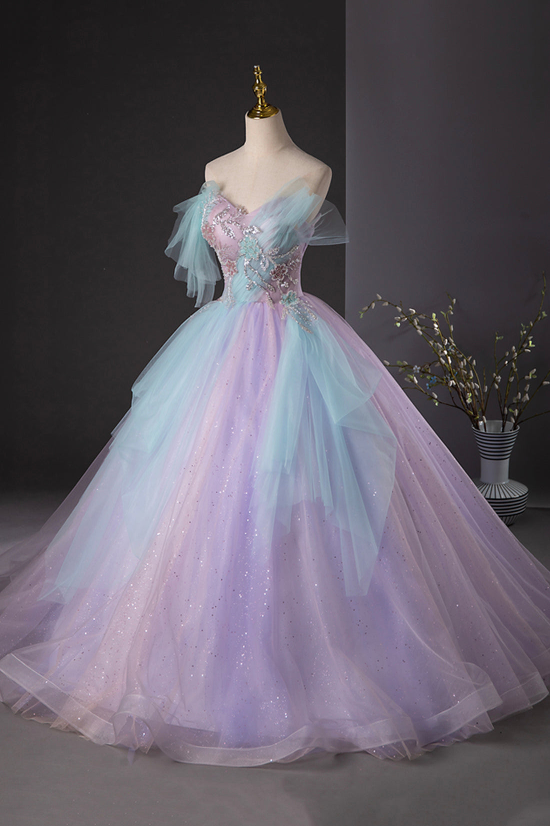 Purple and Blue Tulle Long Prom Dress, Beautiful Sequins Evening Party ...