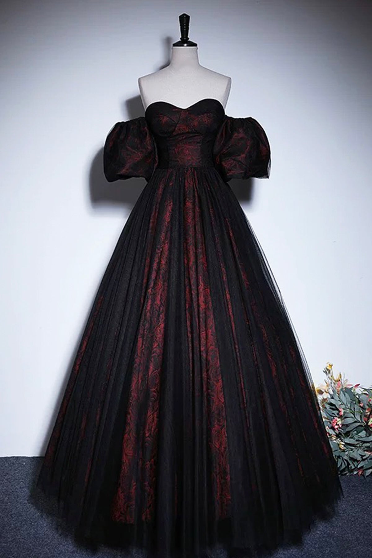 Black Tulle and Burgundy Floral Pattern Long Off Shoulder Prom Dress ...