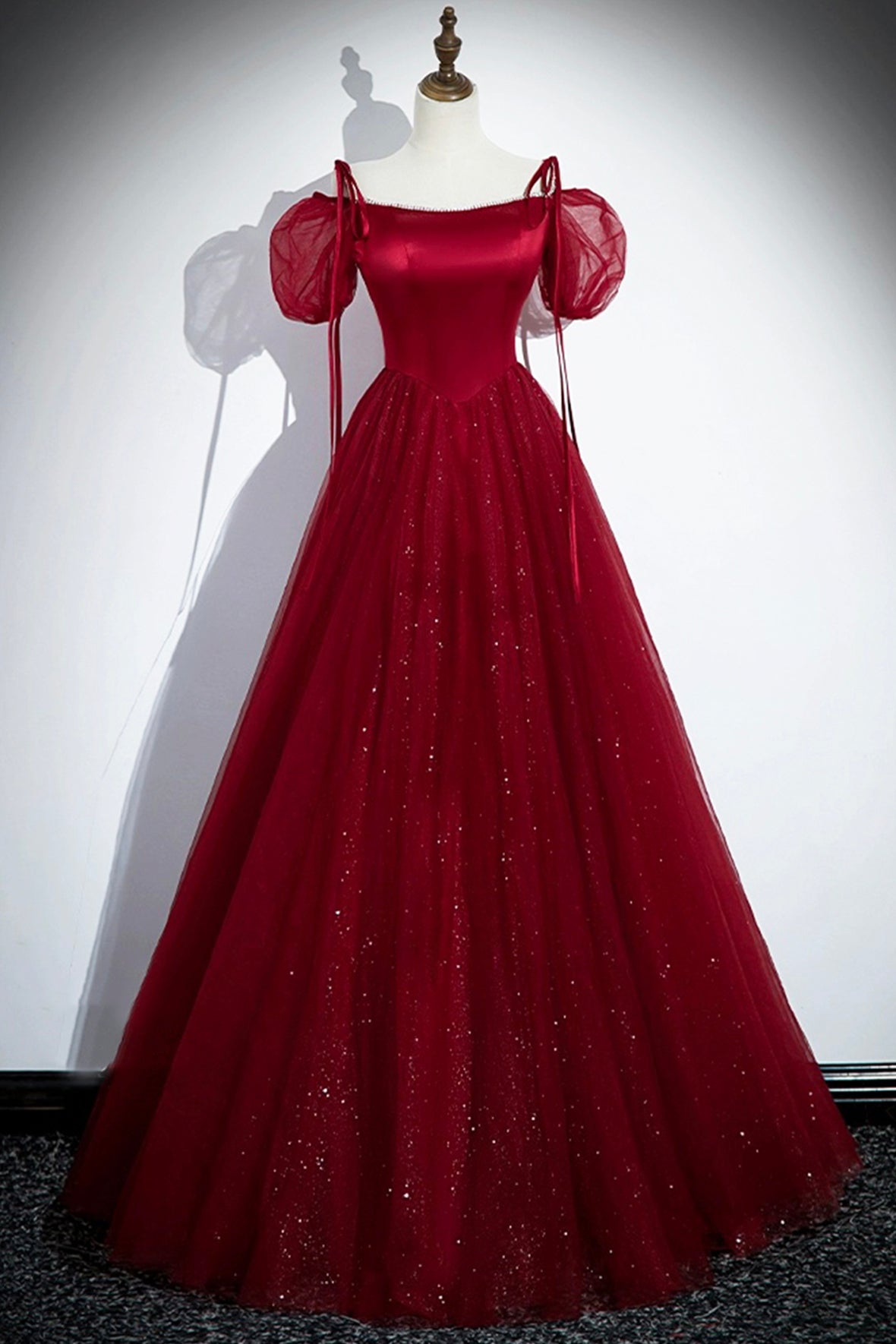 Burgundy Satin Tulle Long Prom Dress, A-Line Off the Shoulder Party Dr ...