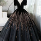 Black V-Neck Velvet and Sequins Long Prom Dress, A-Line Short Sleeve Evening Party Dress