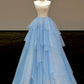 Blue Layers Tulle Floor Length Formal Dress, A-Line Strapless Evening Party Dress