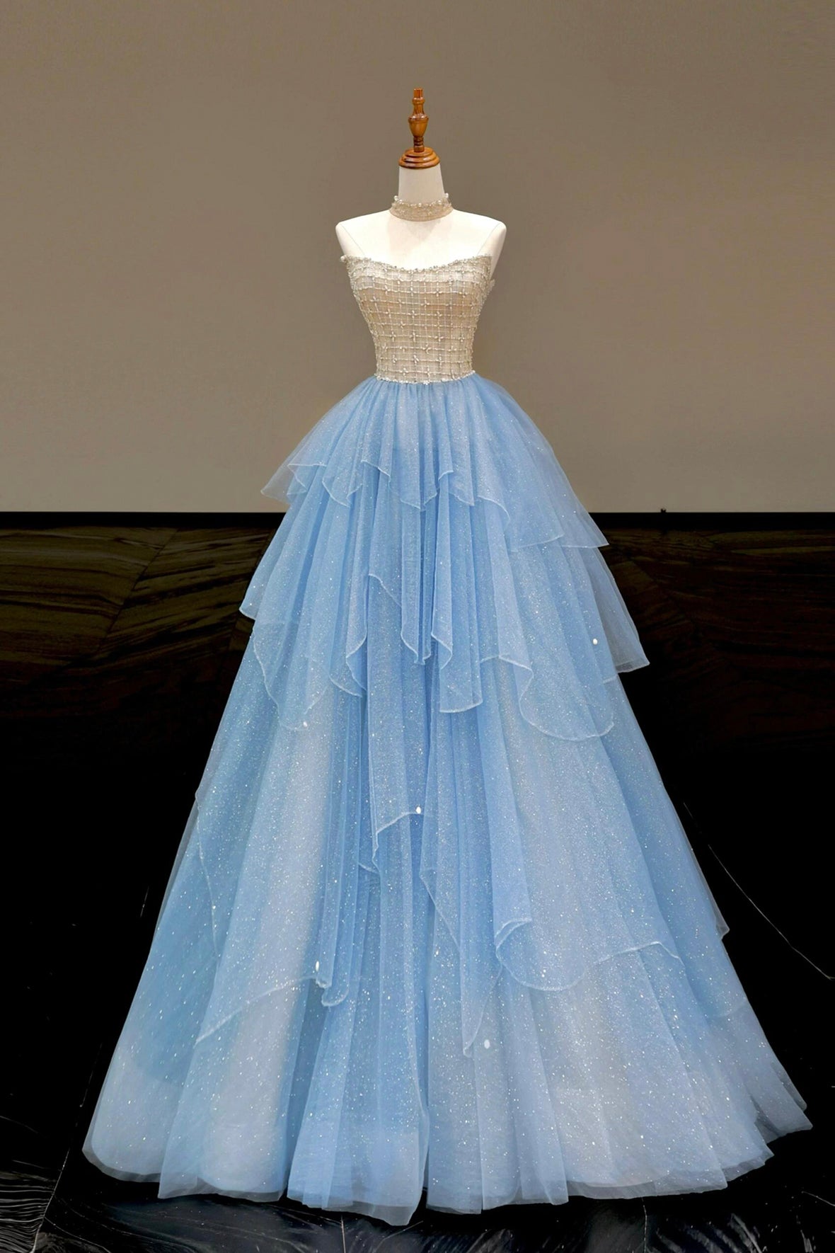 Blue Layers Tulle Floor Length Formal Dress, A-Line Strapless Evening Party Dress