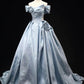 Elegant Satin Floor Length Prom Dress, Blue A-Line Off the Shoulder Evening Party Dress