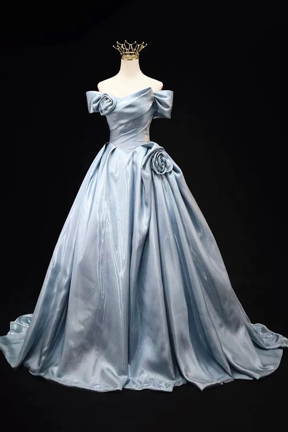 Elegant Satin Floor Length Prom Dress, Blue A-Line Off the Shoulder Evening Party Dress