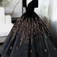 Black V-Neck Velvet and Sequins Long Prom Dress, A-Line Short Sleeve Evening Party Dress