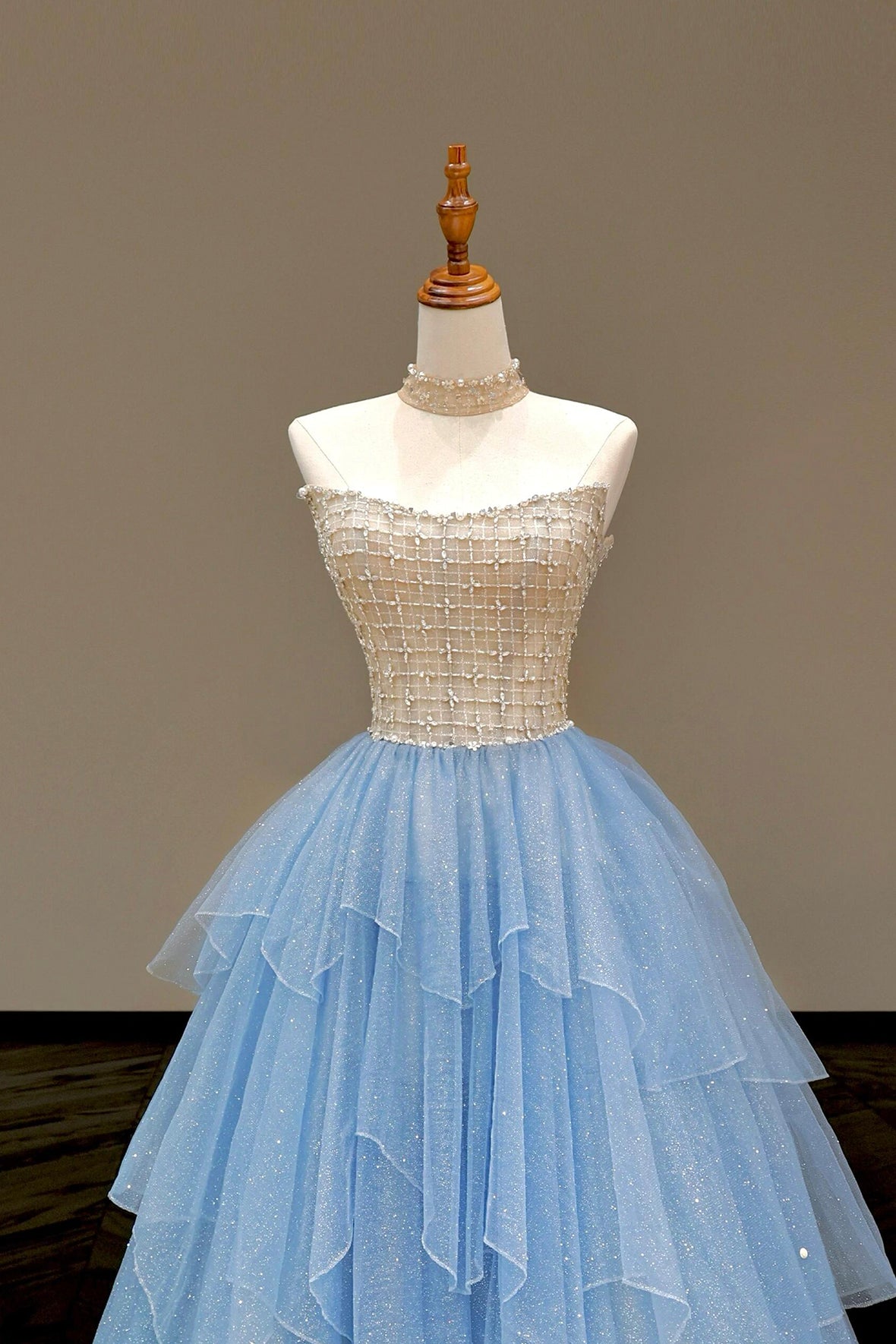 Blue Layers Tulle Floor Length Formal Dress, A-Line Strapless Evening Party Dress