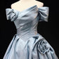 Elegant Satin Floor Length Prom Dress, Blue A-Line Off the Shoulder Evening Party Dress