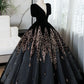 Black V-Neck Velvet and Sequins Long Prom Dress, A-Line Short Sleeve Evening Party Dress