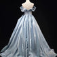 Elegant Satin Floor Length Prom Dress, Blue A-Line Off the Shoulder Evening Party Dress