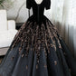 Black V-Neck Velvet and Sequins Long Prom Dress, A-Line Short Sleeve Evening Party Dress