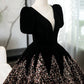 Black V-Neck Velvet and Sequins Long Prom Dress, A-Line Short Sleeve Evening Party Dress