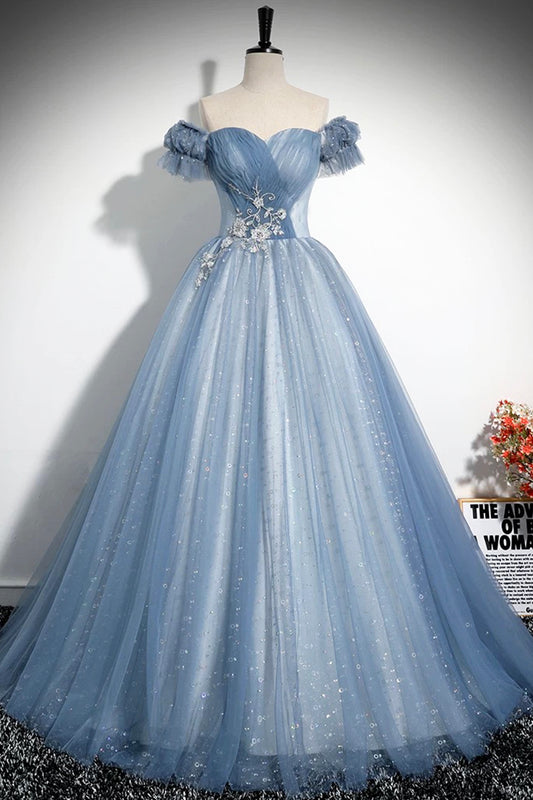 Blue Tulle Floor Length Prom Dress, Beautiful A-Line Evening Party Dress