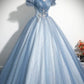 Blue Tulle Floor Length Prom Dress, Beautiful A-Line Evening Party Dress